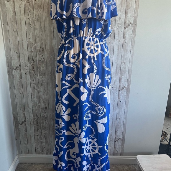 Lilly Pulitzer Dock Hopper Blue and White Off-Shoulder Nautical Maxi Dress Med - Picture 2 of 6